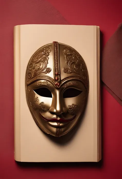 A book cover of red masquerade mask by itself on a red table and a title with fancy handwriting labeled as “the mock”