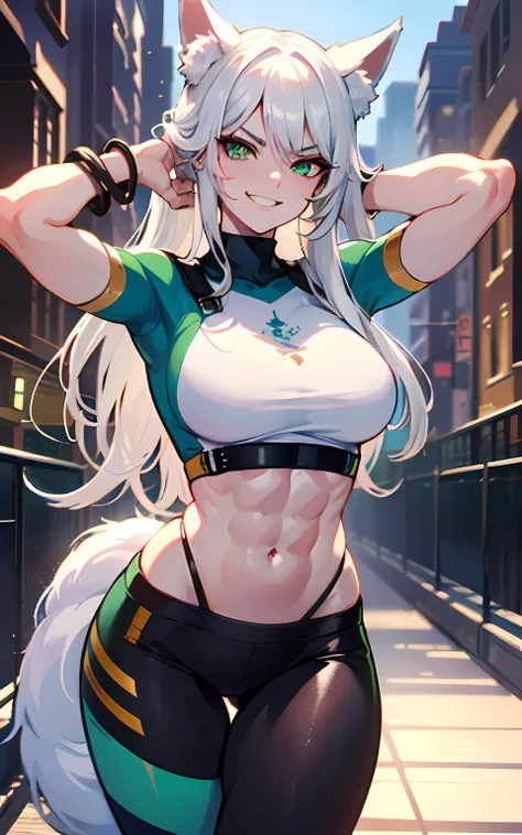 (Masterpiece: 1.5), (Best Quality: 1.5), Perfect Eyes, Perfect Face, Volumetric Lighting, 1 Woman, Mature Woman, (Whiteness: 5), fox ears, fox tail, white hair, green eyes, tall woman, medium breasts, yoga pants, streetwear, mean grin, muscular, sexy