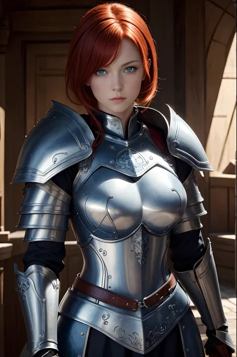 8K,超A high resolution,((Top image quality)), ((​masterpiece)), (high-detail:1.3), Joan of Arc,Blue eyes,Red-haired shorthair,A MILF、large full breasts,Meticulous in the details of the decoration of the chest armor、Beautiful expression,enticing,A sexy,Scene...