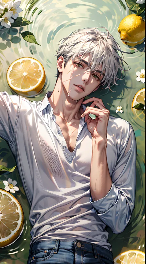 (absurdres, highres, ultra detailed), 1 male, handsome, tall muscular guy, mature, (the pond is filled with lemon slices and whi...