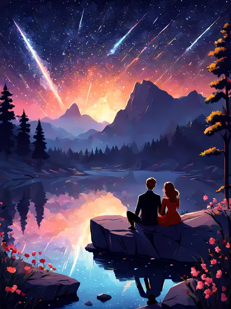 (cartoon drawing), big cute vampire love couple sitting on rock watching shiny ((((meteor shower)))), breathtaking starry night scenery, lake, forest, exotic flowers, peaceful, romantic