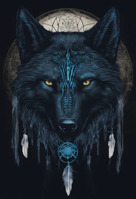 （The blue wolf is in the circle of colorful dreamcatchers），"The T-shirt is designed with a rounded silhouette of a wolf face, Crescent, And the stars are in，Blue glowing eyeballs