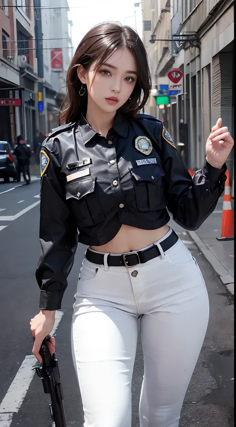 ((Best Quality, 8K, masutepiece: 1.3)), sharp: 1.2, Perfect Body Beauty: 1.4, Slim abs: 1.2, ((realphoto、high-definition picture quality:1.4)), (Wet white button long shirt: 1.1), (Bulletproof police car, Street: 1.2), Wet: 1.5, Highly detailed face and sk...