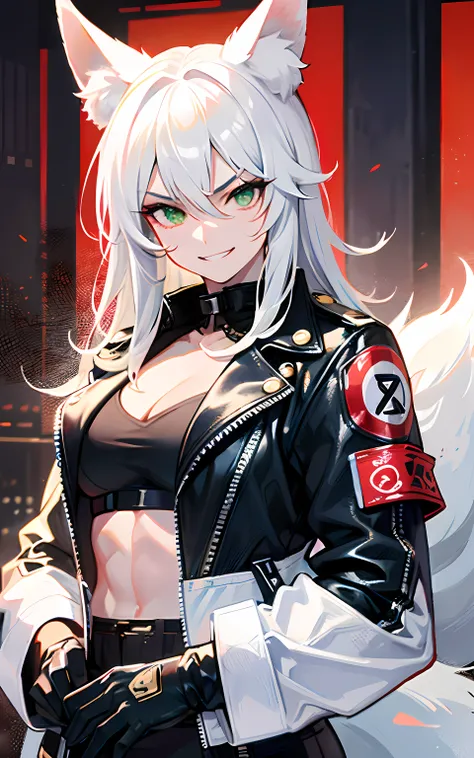 (Masterpiece: 1.5), (Best Quality: 1.5), Perfect Eyes, Perfect Face, Volumetric Lighting, 1 Woman, Mature Woman, (Whiteness: 5), fox ears, fox tail, white hair, green eyes, tall woman, medium breasts, streetwear, mean grin, muscular, sexy, leather jacket,