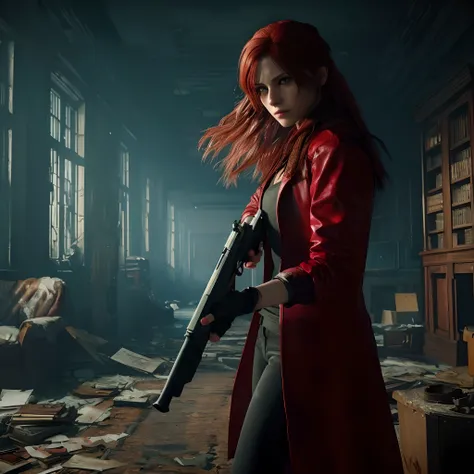 4K, HD, ((Claire Redfield 40 years old)), beautiful face, looking at viewer, very long red hair, perfect Face, black jeans, red long coat with black t-shirt, red nail polish, friendly face, Glare, holding a gun