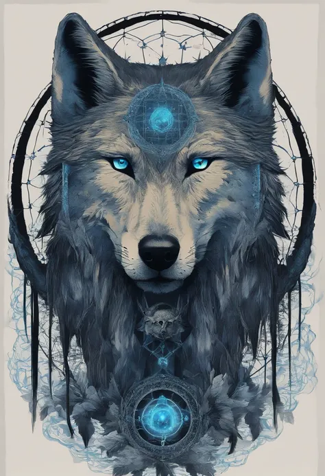 （Light blue wolves in colorful dreamcatcher circles），"The T-shirt is designed with a rounded silhouette of a wolf face, Crescent, The stars are in，Blue glowing eyeballs