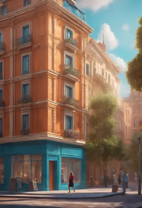 AtmosphericPixar 3D-style drawing of a slimming clinic in the city center with a character in the foreground