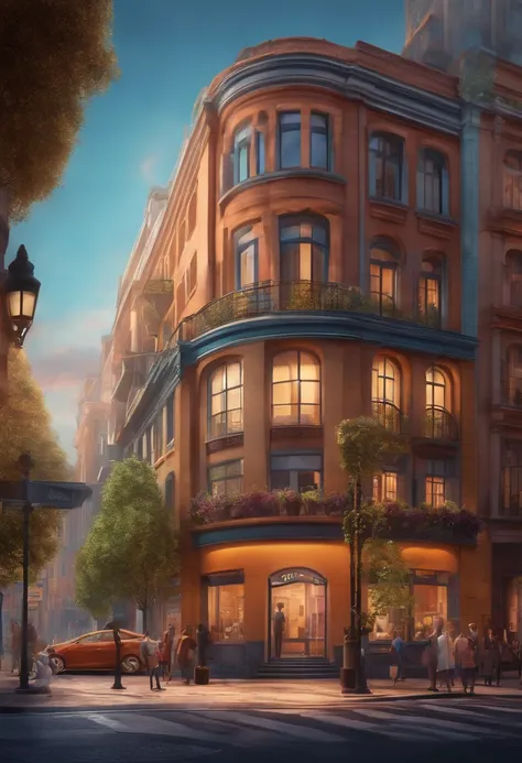 AtmosphericPixar 3D-style drawing of a slimming clinic in the city center with a character in the foreground