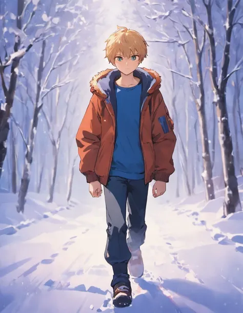 A caucasian boy walking in the snow