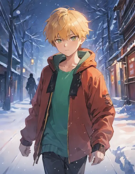 A caucasian boy walking in the snow