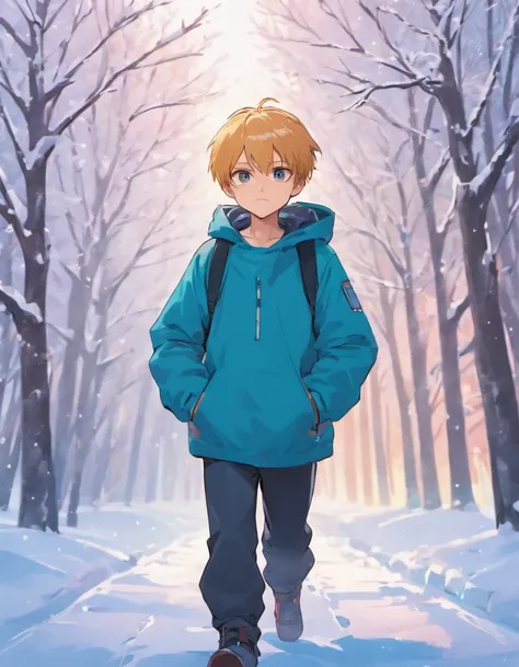 A caucasian boy walking in the snow