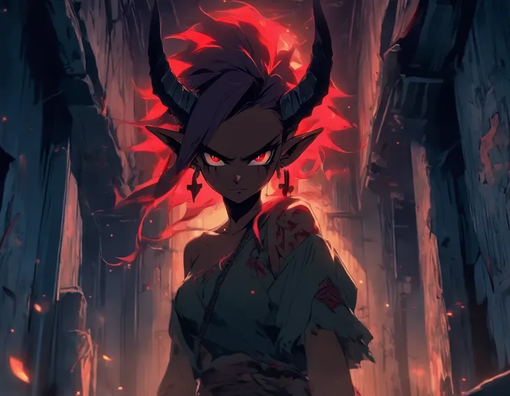 girl wearing torn clothes thats sliding down her body,huge breast,light brown skin,blood red glowing eyes,black and red hair,elf ears,holding a sickle,in a abandoned house,two black horns,scary lighting,moody colors,hair is down, her breast are bouncy and ...