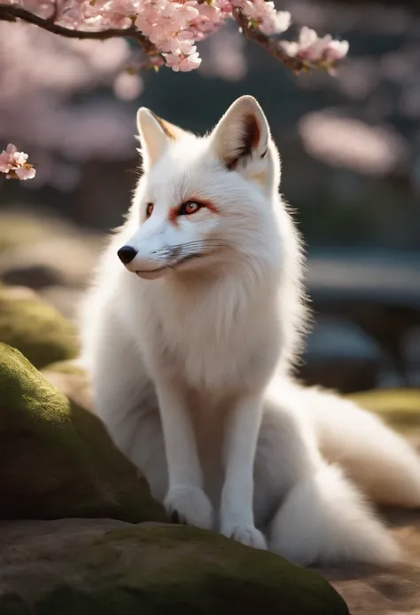 a white Japanese fox with a red birthmark on its forehead, (best quality, ultra-detailed, realistic:1.37), vibrant colors, glowing eyes, fluffy fur, elegant posture, surrounded by cherry blossom trees, with gentle sunlight casting beautiful shadows, in a t...