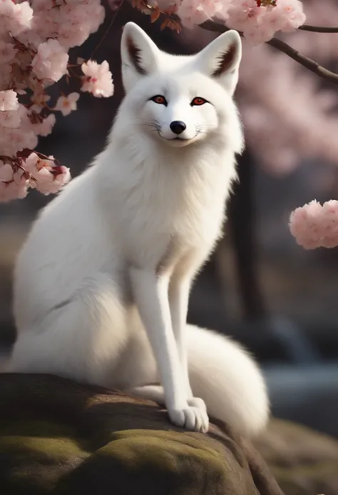 a white Japanese fox with a red birthmark on its forehead, (best quality, ultra-detailed, realistic:1.37), vibrant colors, glowing eyes, fluffy fur, elegant posture, surrounded by cherry blossom trees, with gentle sunlight casting beautiful shadows, in a t...