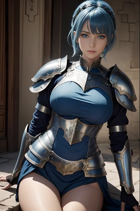 8K,超A high resolution,((Top image quality)), ((​masterpiece)), (high-detail:1.3), jeanne darc,Blue eyes,Blue-haired shorthair,A MILF,large full breasts,Attention paid to the details of the decoration of the chest armor,Waist and leg armor,Round shield on t...