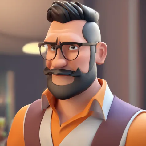 Criar um personagem no estilo Pixar. Trata-se de um homem de 40 anos, com barba curta, grisalho, com cabelos pretos com alguns grisalhos, curtos e um quiff, e olhos castanhos. He must be in front of a television , Trabalhar como designer