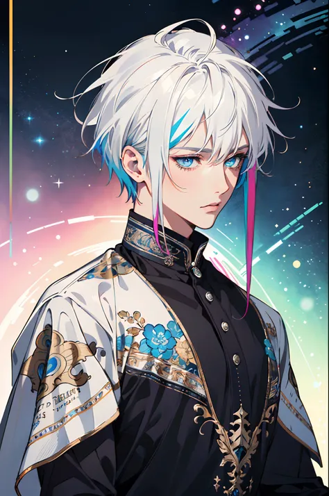 (Masterpiece, Top Quality, Best Quality, ultra detailed, Official Art, Beauty and Aesthetics: 1.2), Very Detailed, Fractal Art, Colorful, Most Detailed, (colorful Background: 1.5) (1 man: 1.3), White Hair, Short Hair, blue eyes