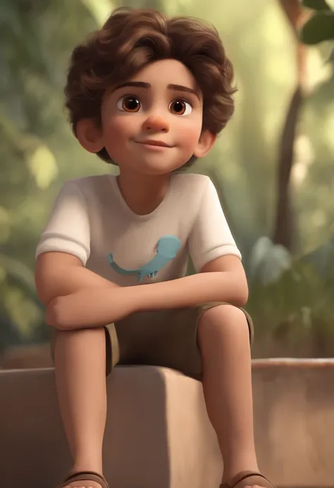 Image of a boy for a story in a YouTube video in Pixar format, Hes the little allabester, Hes the class leader, Hes outgoing, Playful and gets up for a lot of things, cabelo curto castanho escuro, olhos , castanho escuro, moreno cabelo cacheados