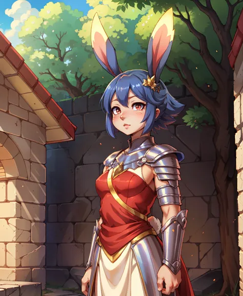 outdoor, castle courtyard, tall stone walls, detailed background, knight bunny girl, (armor with bunny-themed embellishments), s...