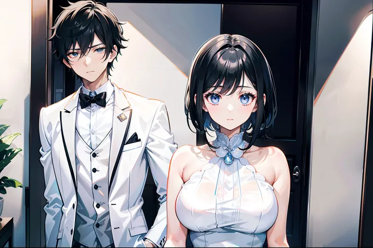 (A young man with short black hair wearing a white casual suit) and (a woman with shoulder-length black hair wearing a cute white dress) are standing in the bedroom. The woman is standing nervously behind the man: 1.5, Close-up display, The woman has a ter...