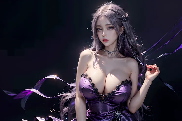 4k, fantasy art, photo realistic, dynamic lighting, artstation, poster, volumetric lighting, very detailed faces, award winning, 1girl, deep shadow, beautiful shot, soft smile, (full details silver and purple Strapless dress), glowing dress, medium long ha...