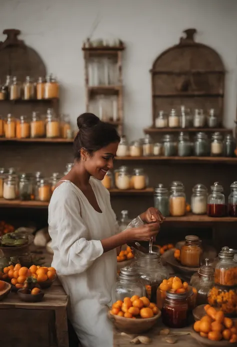 Duas mulheres fazendo velas perfumadas, uma com cabelo loiro e a outra com cabelo preto, They both wear glasses. Candle workshop girl stands around a table full of glass jars, one is stirring the vegetable wax and the other next to you preparing the glasse...