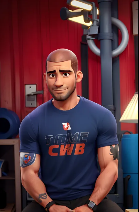 Um homem forte careca com uma camiseta escrito time cwb, with a red container in the background