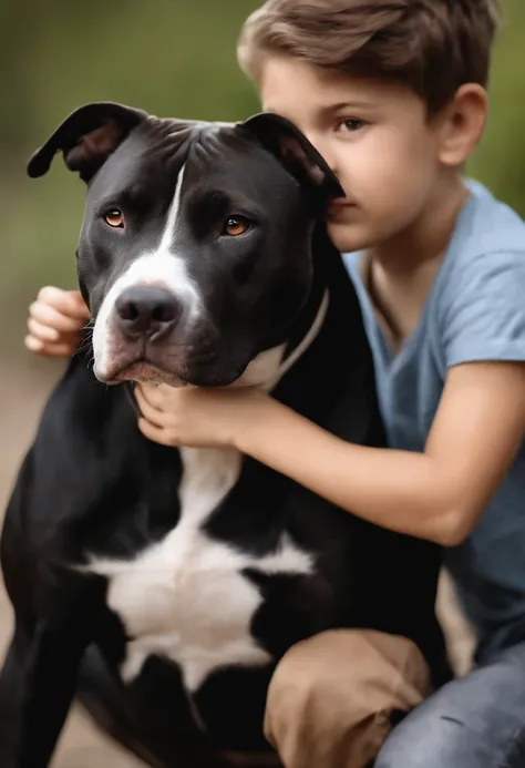 1 pitbull dog with a brunette boy with black eyes and medium hair as realistic as possible