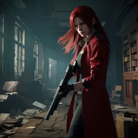 4K, HD, ((Claire Redfield 40 years old)), beautiful face, looking at viewer, very long red hair, perfect Face, black jeans, red long coat with black t-shirt, red nail polish, friendly face, Glare, holding a gun