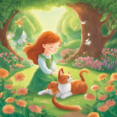 A 10-year-old chestnut-haired girl and a light gray cat are basking in the sun on the lawn of a sun-drenched park　a lot of flower　Fantastic and happy feeling　The overall design is classical and the color is strong green 　Picture book illustrations