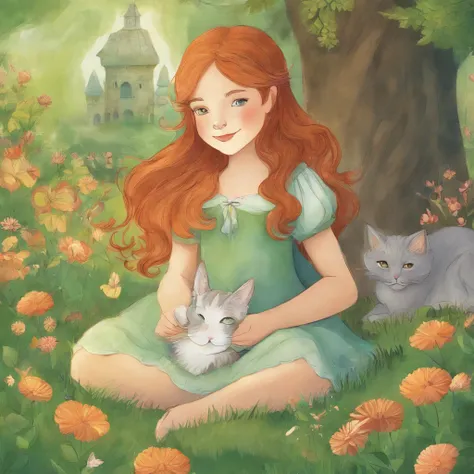 A 10-year-old chestnut-haired girl and a light gray cat are basking in the sun on the lawn of a sun-drenched park　a lot of flower　Fantastic and happy feeling　The overall design is classical and the color is strong green 　Picture book illustrations