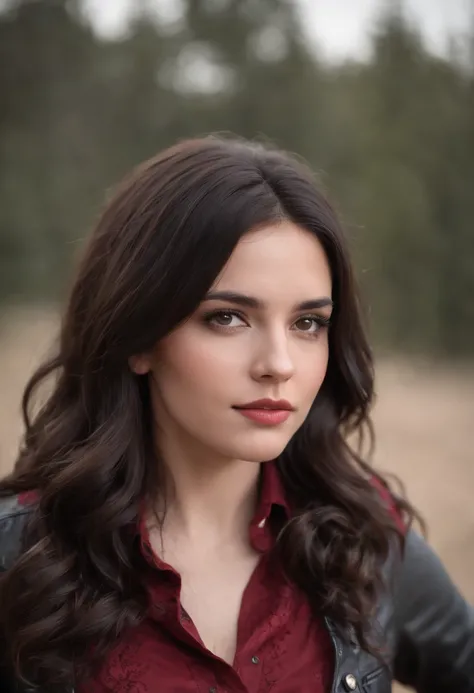 A 25 year old woman with black wavy hair and deep brown eyes wearing a black and red cowboy shirt, black jeans and dark brown boots