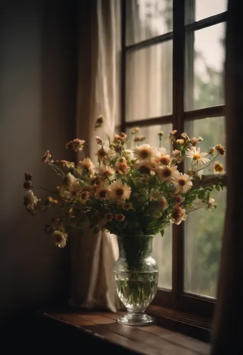 Happy expressions with window and flowers on the wall