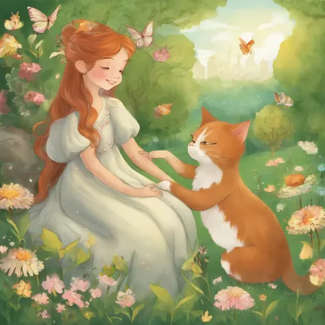 A 10-year-old chestnut-haired girl and a light gray cat are basking in the sun on the lawn of a sun-drenched park　a lot of flower　Fantastic and happy feeling　The overall design is classical and the color is strong mosgreen 　Picture book illustrations