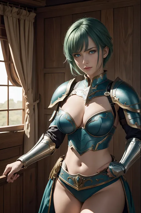 8K,超A high resolution,((Top image quality)), ((​masterpiece)), (high-detail:1.3), jeanne darc,Blue eyes,Shorthair with green hair,A MILF,large full breasts,Attention to detail in the decoration of the sexy chest armor,Waist and leg armor,Round shield on th...