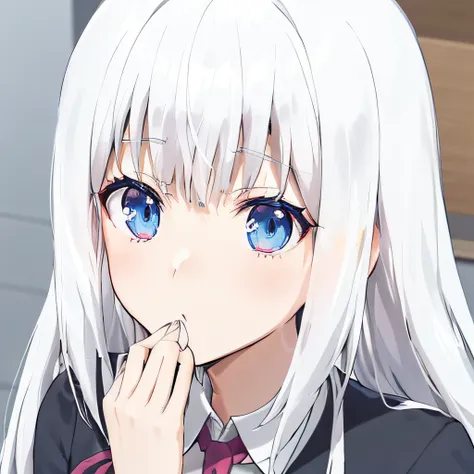 anime girl with white hair and blue eyes in a black suit, anime visual of a cute girl, still from tv anime, close up iwakura lai...