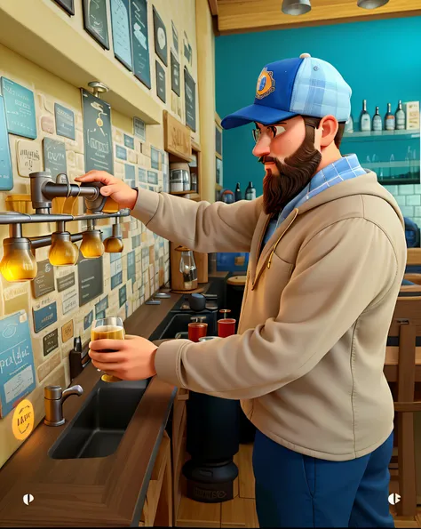 A wise young man with beard and cap standing in front of a beer tap holding a glass, illuminated by the light of a lamp, contra o pano de fundo de uma cervejaria, de blusa