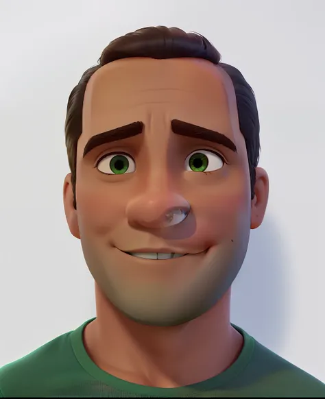 Um homem de meia idade, cabelo crespo, pele morena, olhos grandes, camiseta verde, estilo Disney Pixar, alta qualidade