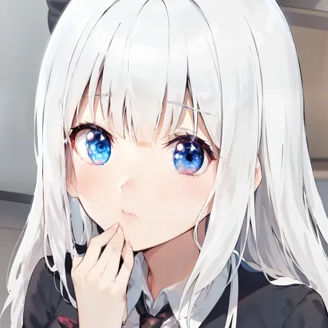 anime girl with white hair and blue eyes in a black suit, anime visual of a cute girl, still from tv anime, close up iwakura lai...