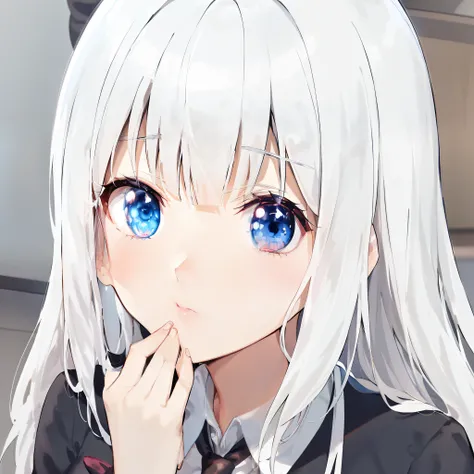 Anime girl with white hair and blue eyes in a black suit, anime visual of a cute girl, still from tv anime, close up iwakura lain, anime best girl, anime girl named lucy, Beautiful Anime High School Girls, Todays featured anime stills, the anime girl is cr...