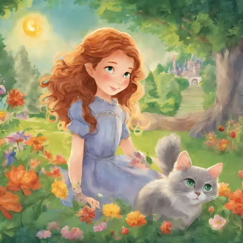 A 10-year-old chestnut-haired girl and a light gray cat are basking in the sun on the lawn of a sun-drenched park　a lot of flower　Fantastic and happy feeling　The overall design is classical and the color is strong mosgreen 　Picture book illustrations