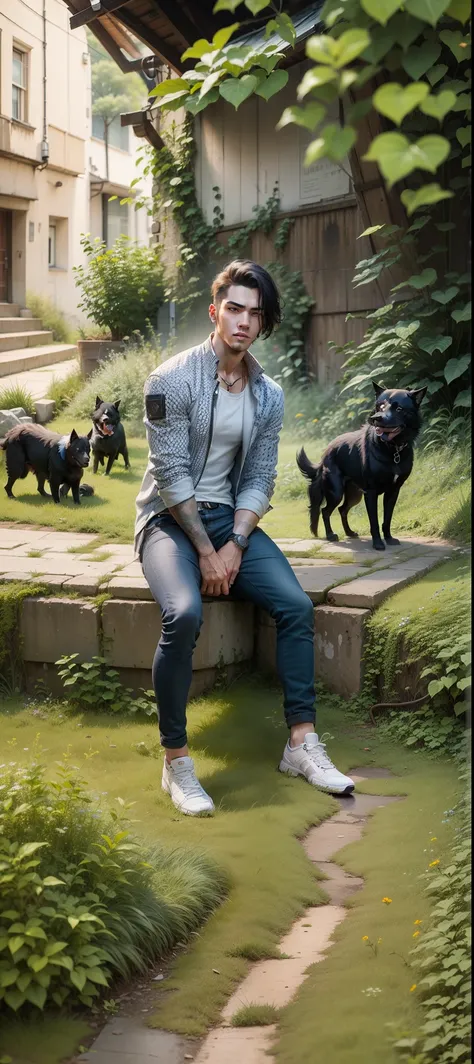 change background to cyberpunk, handsome boy, ultra realistic face, with black dog