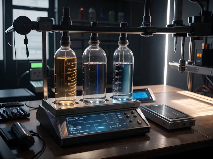 Create a photorealistic scene of a high-tech laboratory with intricate, scientific instruments and holographic displays. The lighting should be dramatic, emphasizing the cutting-edge nature of the research being conducted