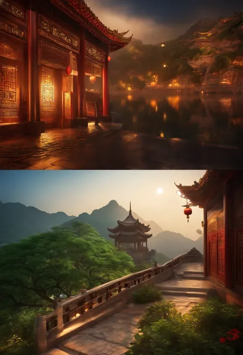 Arte Oficial, China antiga, Ruas Antigas, (Muitos vagalumes), (Noite), (lua), Luzes, Beautiful landscapes, epic landscapes, realistic lighting, Obras, alta qualidade, graphics beautiful, High detail, global ilumination, Unreal Engine Rendering, octane rend...