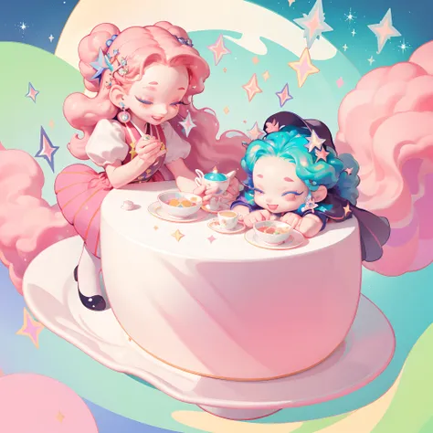 masterpiece, best quality, chibi, witch tea party, cute, happy, vibrant, colorful, stars, sparkle, shiny, iridescent