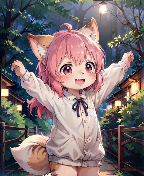 dagasi, ( furry body) , (realistic fur) , standing, fluffy tail, blush, (:3), species that looks like a cross between girl and a cat, a happy ,dancing, cinematic lighting ,4k, in the forest, cute