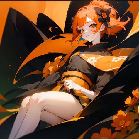 (Beautifully Aesthetic:1.2)、(1girl in:1.3)、(Black and orange colorful hair:1.2)、Orange and black kimono、Fantastical、wretched、Orange and yellow marigolds are blooming、natta、Sad face、