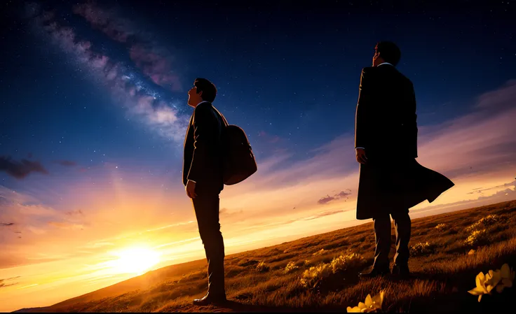 Hombre de rodillas orando a Dios en cielo con estrellas