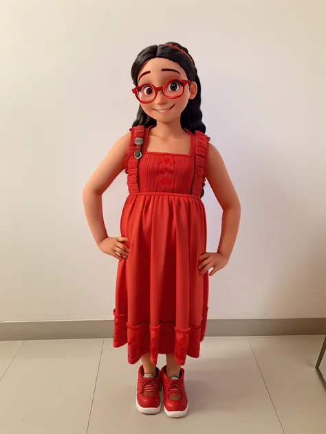 A girl in red glasses, cabelo cacheado preso, sorrindo, com vestido vermelho, with your hands on your waist.