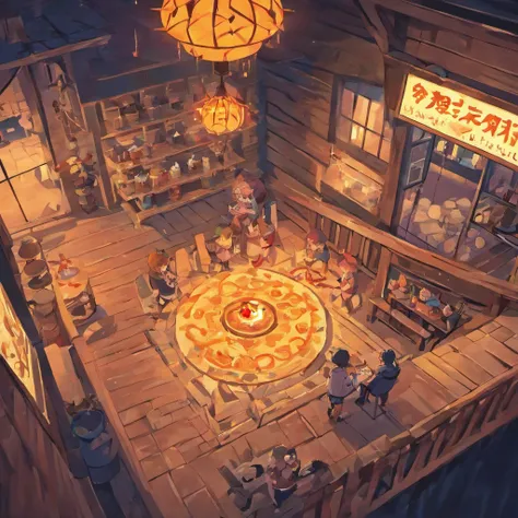 Isometric rendering of game art at the Horror Village House Café at sunset